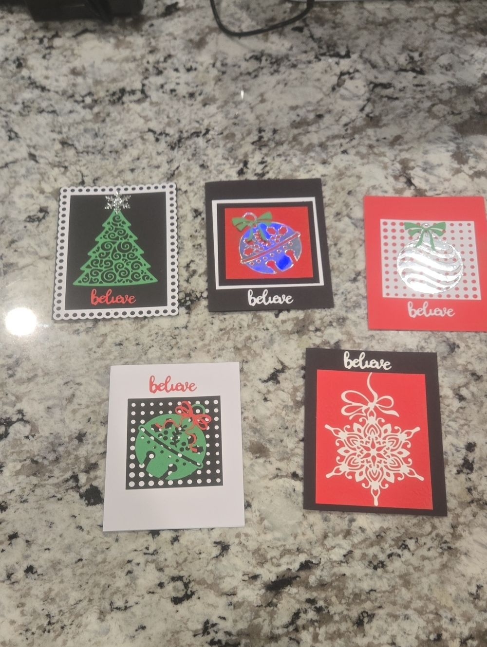 Handmafe Holiday 'Believe' Card Set of 5 - Red, Green, Black, White
